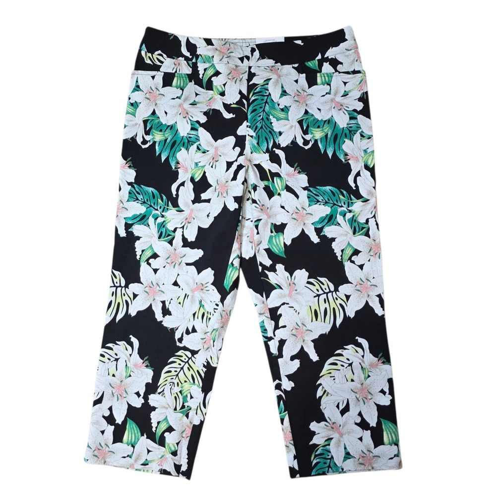 Time and Tru Floral Capri Pants Mid-Rise Stretch‎ Black White Green S (4-6) NWT